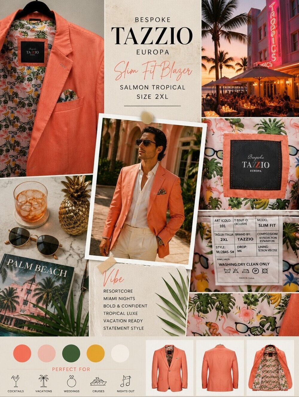 Sz 2XL Bespoke Tazzio Europa Slim Fit Vivid Tropical Lining Salmon Blazer EUC